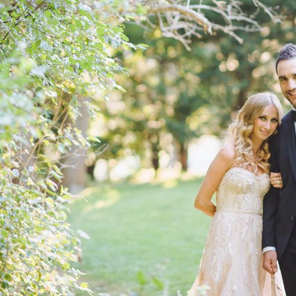 Monique L'Huillier featured in Nicole & Joey’s Elegant Toronto Wedding at Graydon Hall Manor