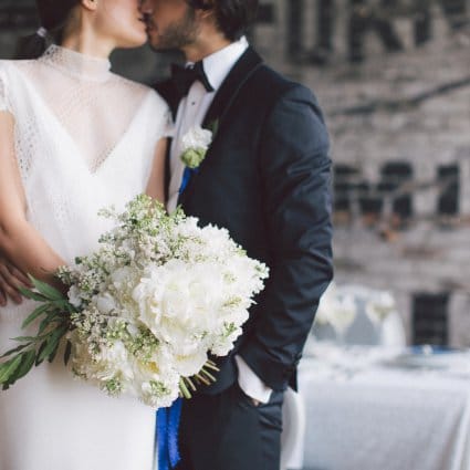 Vera Wang featured in A Stunning Modern White and Blue Styled Shoot at The Burroughes