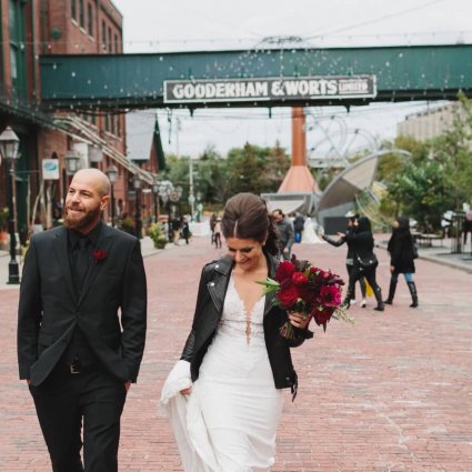 Berta Bridal featured in Giordana and Shane’s Stunning Fall Wedding At The Fermenting …