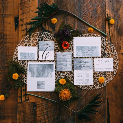 Defining Moments Stationery featured in Boho Chic, Eco-Friendly Style Shoot: Cemented in Love