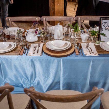 Higgins Event Rentals featured in A Trendy Retro-Rustic Wedding Open House at The Jam Factory