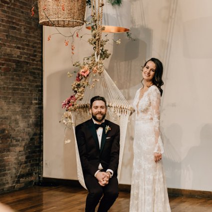 Dina Alonzi Bridal featured in Sarah and Mike’s Boho Chic Wedding at 99 Sudbury