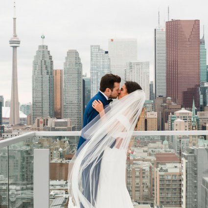 Micki's Event Fabrics featured in Courtney and Aaron’s Glam Wedding at the Globe and Mail Centre