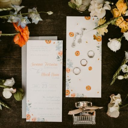 By Design Invitations featured in Susana and Mark’s Intimate Fall Wedding at Kortright Eventspace