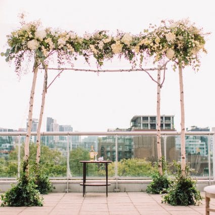 Forget Me Not Flowers featured in Courtney and Shael’s Rooftop Wedding at The SOHO Hotel