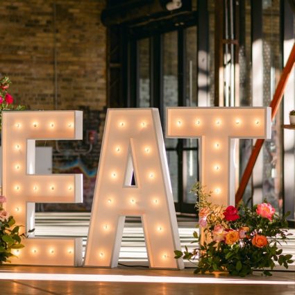 Marquee Letters Toronto featured in Igor and Rachel’s Boho-Chic Rustic Wedding at Evergreen Brick…