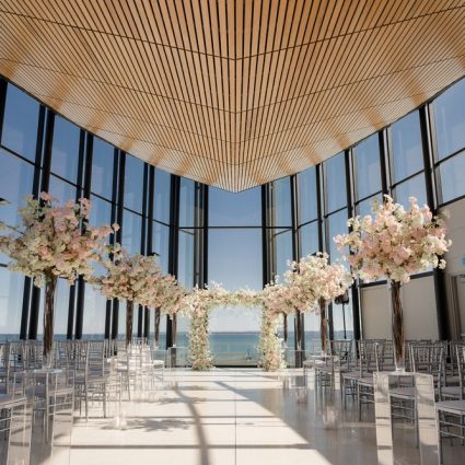 La Belle Fleur Floral & Design featured in Sarah and Daniel’s Mesmerizing Waterfront Wedding at Spencer’…
