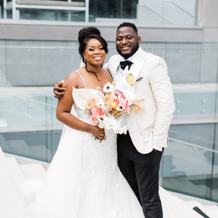 Kleinfeld Hudson's Bay featured in Sarah and Dave’s Bloomful Modern Wedding at Malaparte