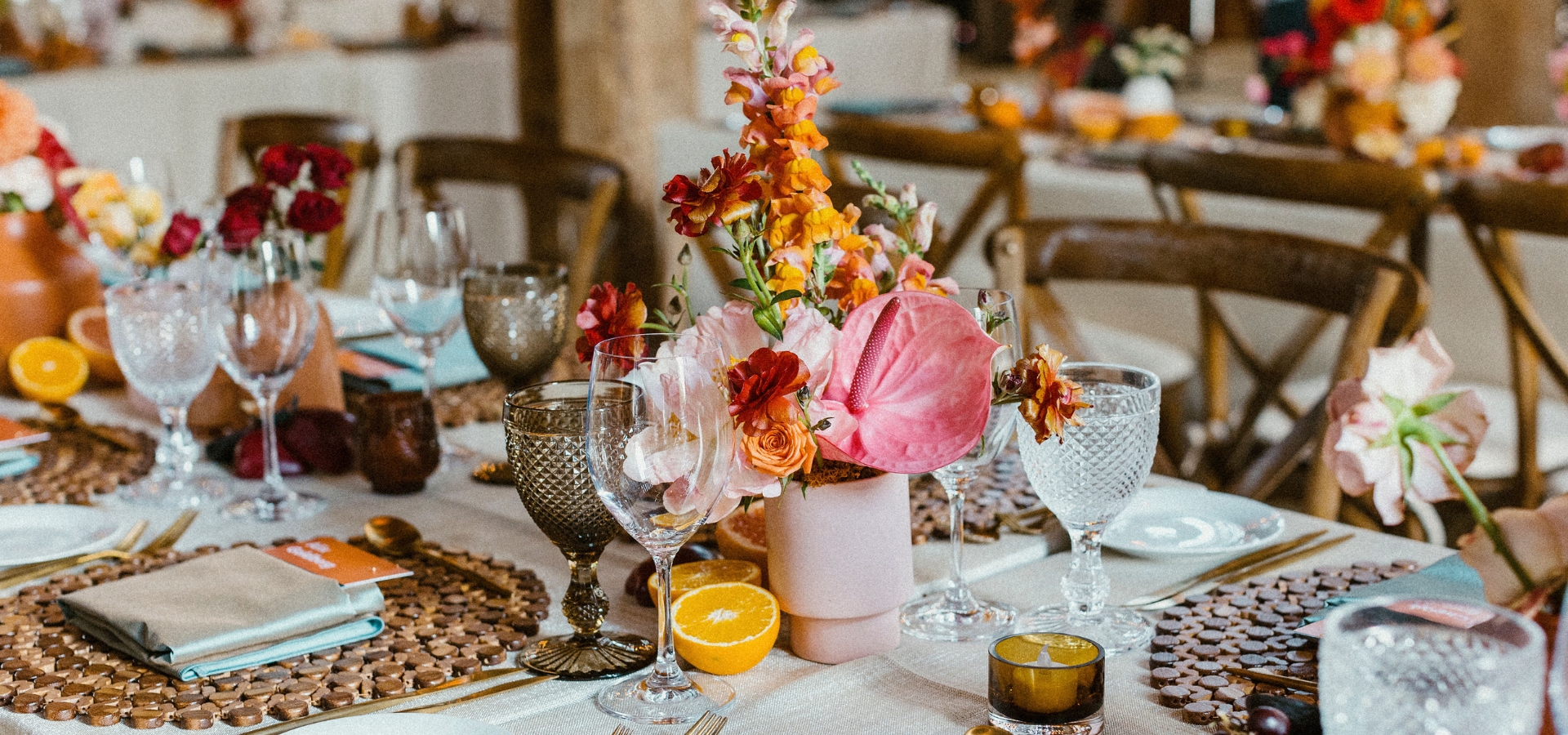 Hero image for Daniel and Rachel’s Vibrant Boho-Chic Mid-Century Modern Barn Wedding at Cambium Farms