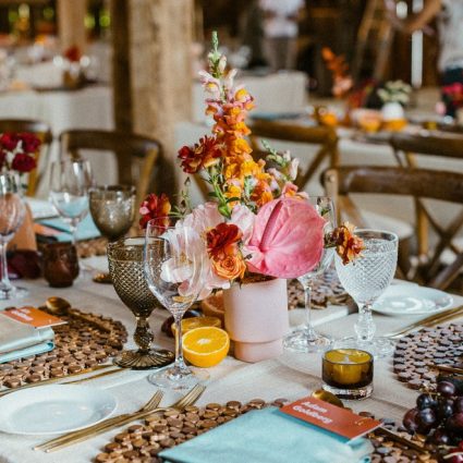 Plate Occasions featured in Daniel and Rachel’s Vibrant Boho-Chic Mid-Century Modern Barn…