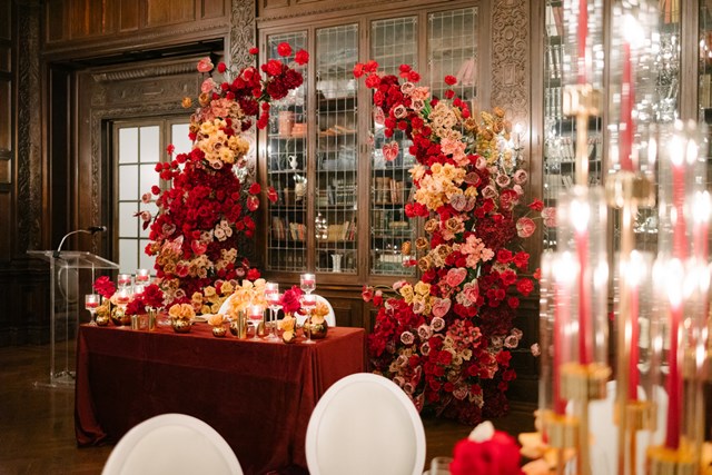 Joanna and Calvin's Luxurious Wedding in Rich Reds and Golds at Casa Loma