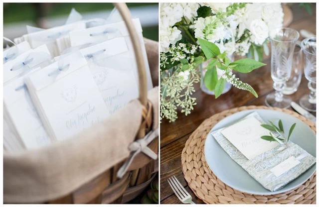 Custom programs in burlap lined vintage bread basket complement dinner table menu nestled inside the pocket of a custom linen napkin.