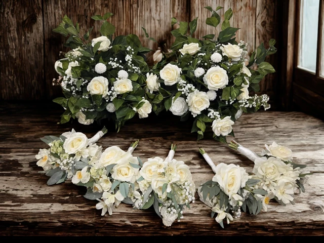Classic White Ground Arrangement & White Wildflower Bridesmaid Bouquets