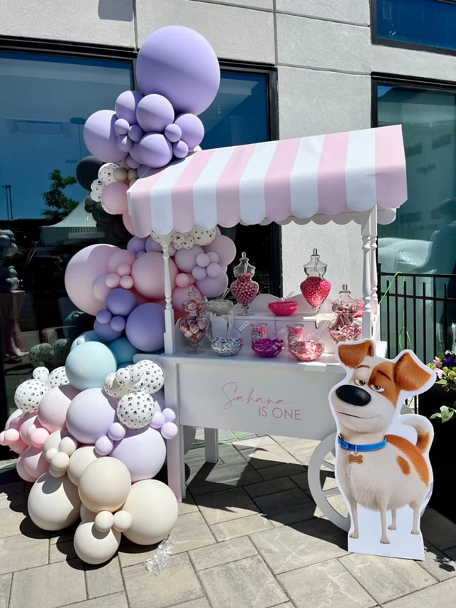 CHAMELEON EVENTS: A first birthday you can’t forget! Personal candy cart bursting with balloons and custom print provided a sweet treat for guests!
