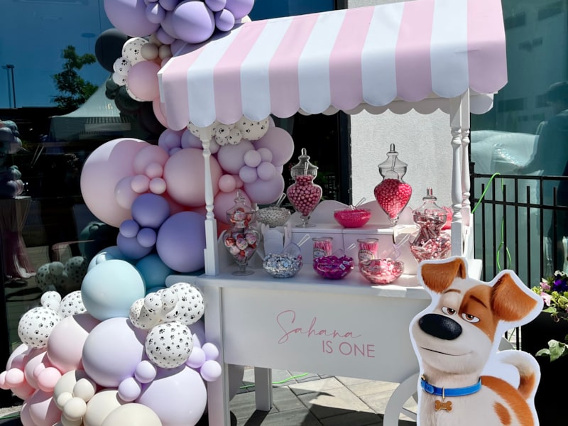 CHAMELEON EVENTS: A first birthday you can’t forget! Personal candy  cart bursting with balloons and custom print provided a sweet treat for guests! 