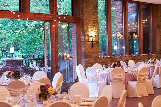 Natural wood beams in our ballroom