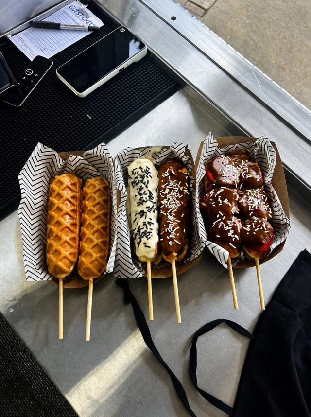 Honey cinnamon sugar, Classic chocolate sticks, Loaded waffle.