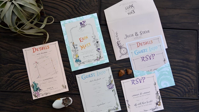Alice in Wonderland watercolour themed invitations. Suite included three tier detail cards with pocket, single layer invite on front, and outer envelope.
