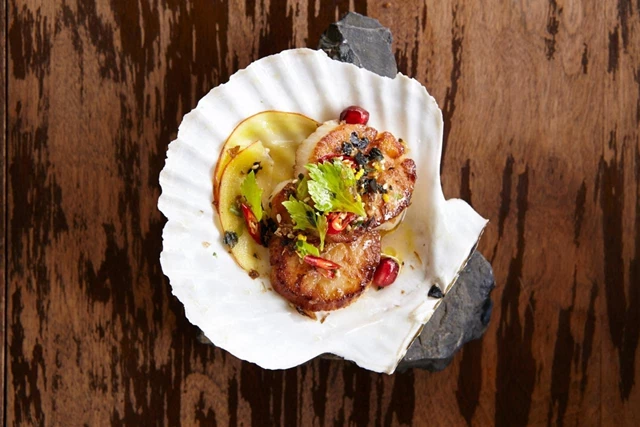 Seared Scallops, fresh chilis, beet