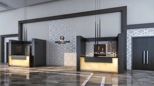 20ft wide illiuminated bar accessible from lobby and ballroom.