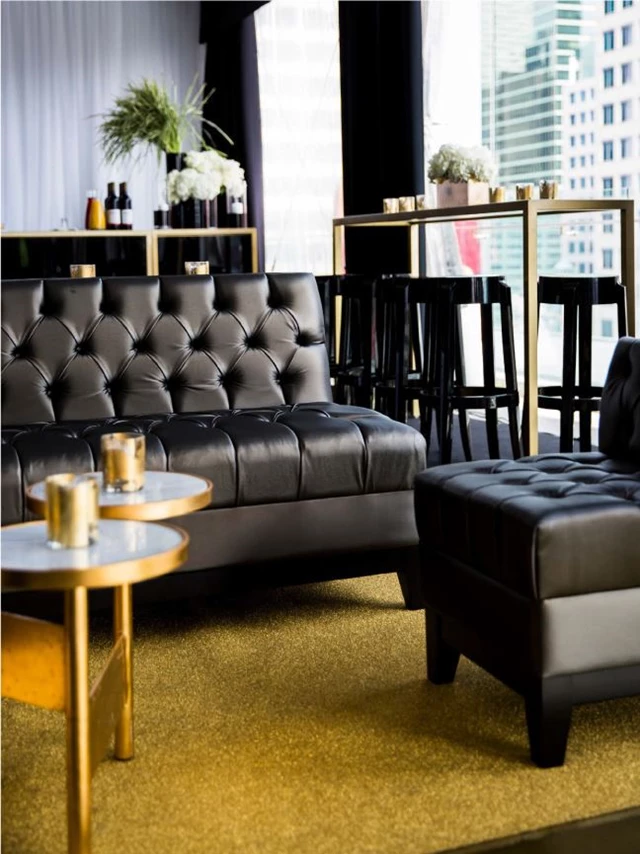 Diamond gold event carpet at a chic downtown wedding