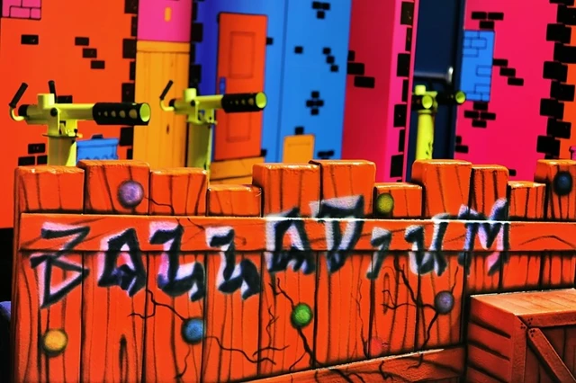 Ball blasting game played in black light arena