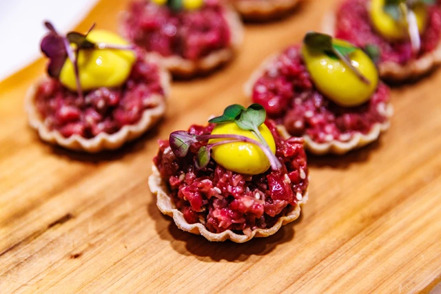 Tart. Beef Tartare. White Soy. Egg Yolk Gel.